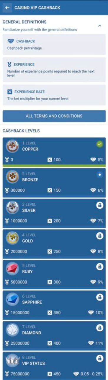 1xBet Casino Cashback Levels