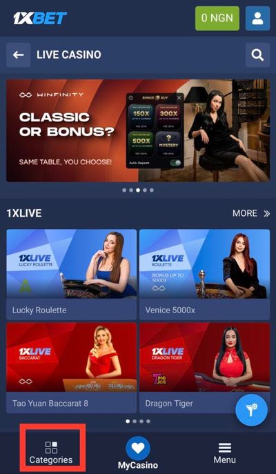 1xBet Casino Categories button