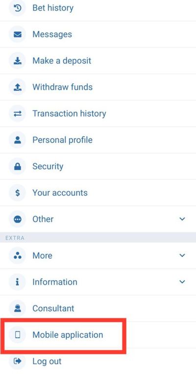 1xBet menu Mobile application option