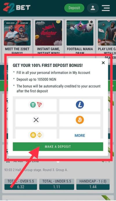 22BET first deposit bonus pop-up window