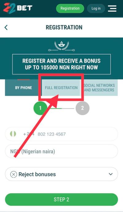 22BET full registration tab button