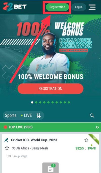 22BET webiste Registration button