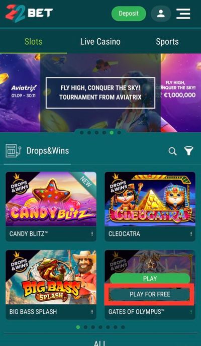 22Bet Gates of Olympus, play for free option