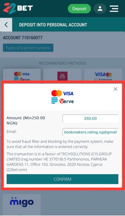 22Bet bank card deposit pop-up