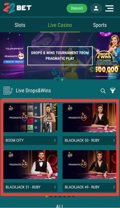 22Bet website, Live Casino page