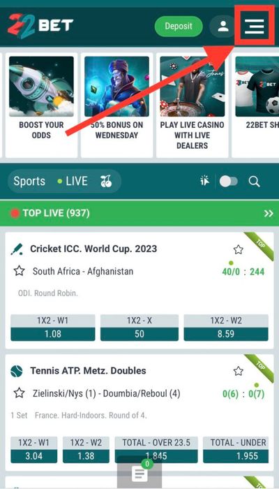 22Bet website, menu button