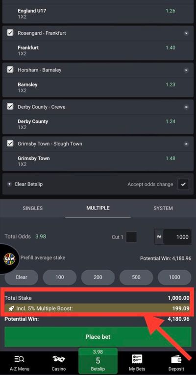 Bet9ja Multiple bonus example Betslip