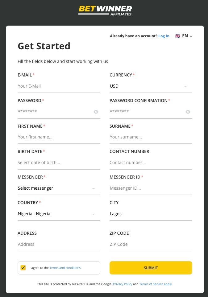 BetWinner Affiliate Registration Form