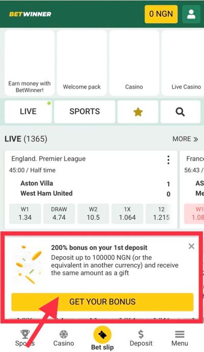 BetWinner first deposit bonus notification