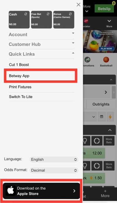 Betway Menu Mobile App Links