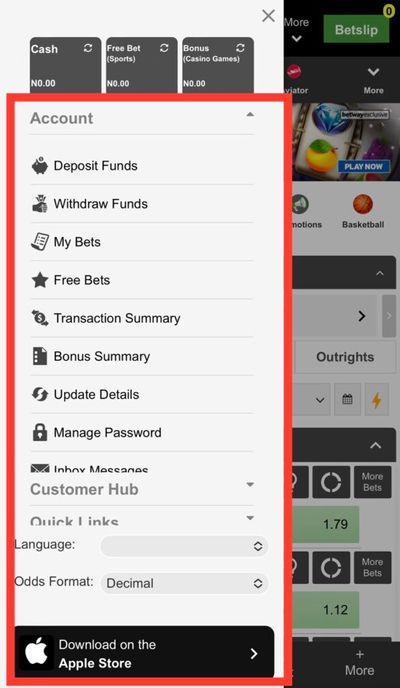 Betway Menu options
