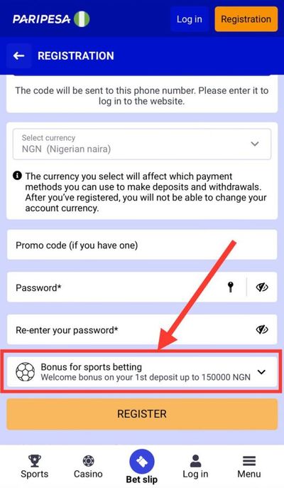 Paripesa Bonus Type Select